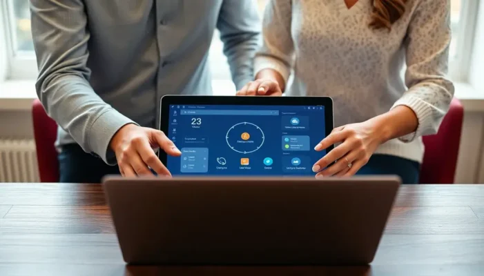 Pair holding hands near a laptop displaying AI tools, blending love and tech.