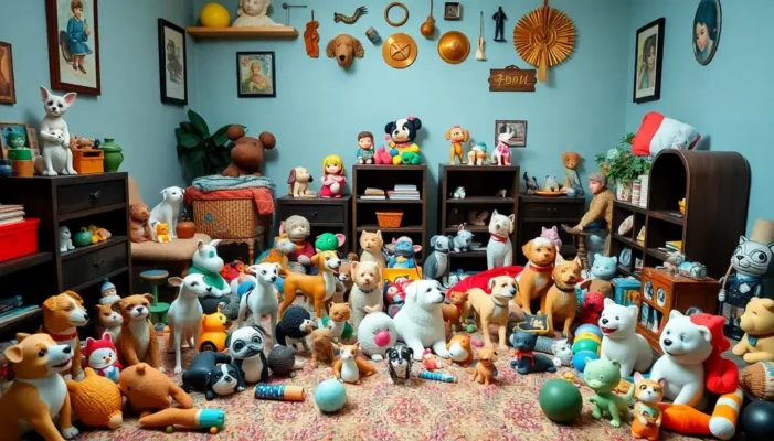 Room filled with collectibles and pet items harmoniously placed.