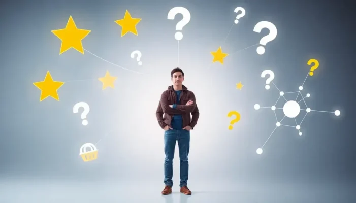 Young adult surrounded by decision-making symbols, symbolizing evaluating service quality.
