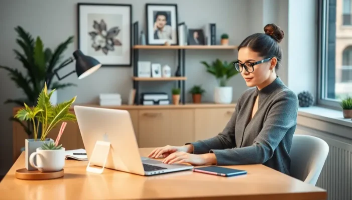 A fashionable person working in a chic home office setup with trendy decor.